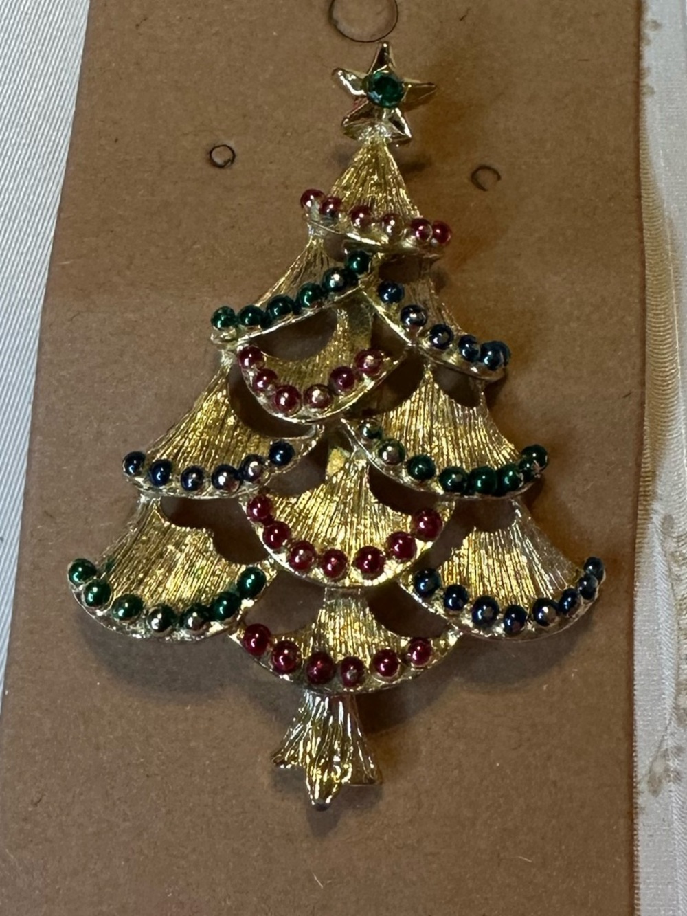 Gold-Tone Festive Christmas Tree Brooch with Red, Green and Blue Accents